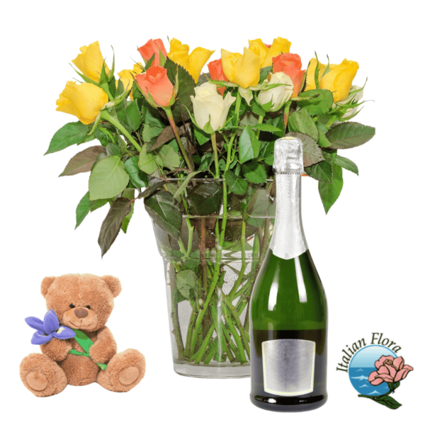 50 mix roses with teddy and white wine