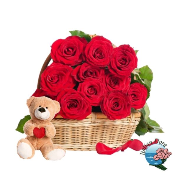 Basket of 12 Roses with Teddy
