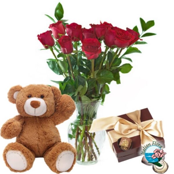 Red roses with teddy and chocolates